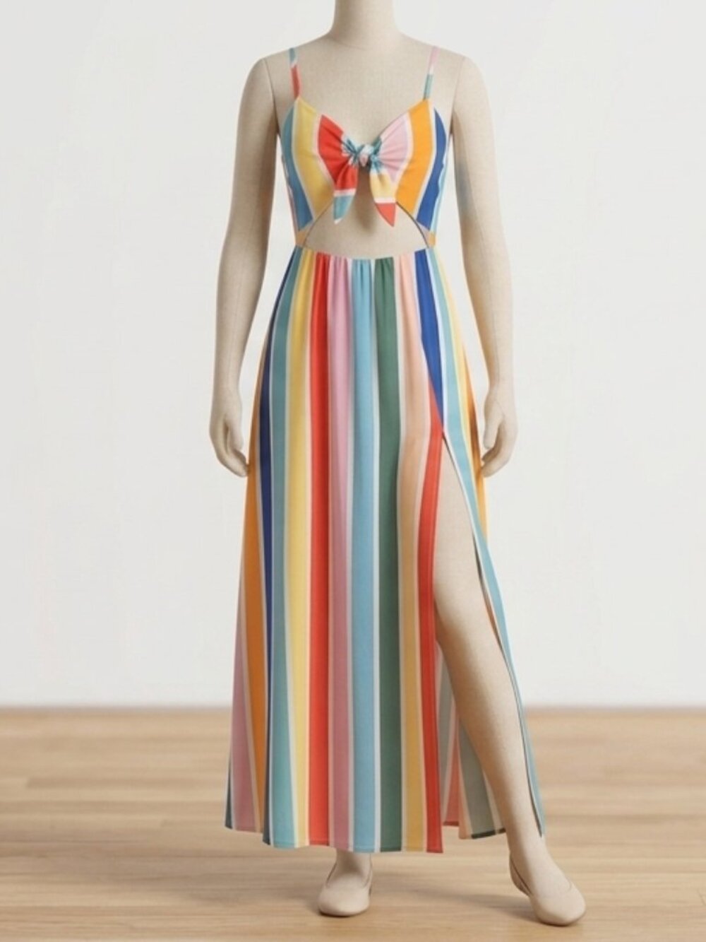 BuddyLove Skye Maxi Dress Fiesta Rainbow Stripe Cutout Tie Front Smocked Back